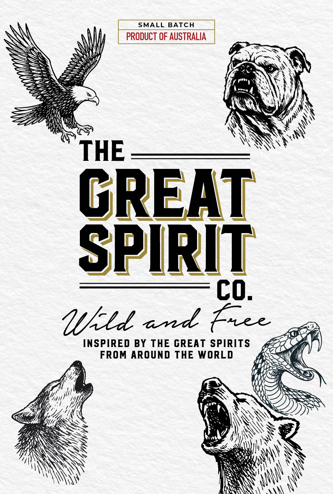 The Great Spirit Co — Wild and Free, illustrated with an eagle, bulldog, wolf, snake and bear